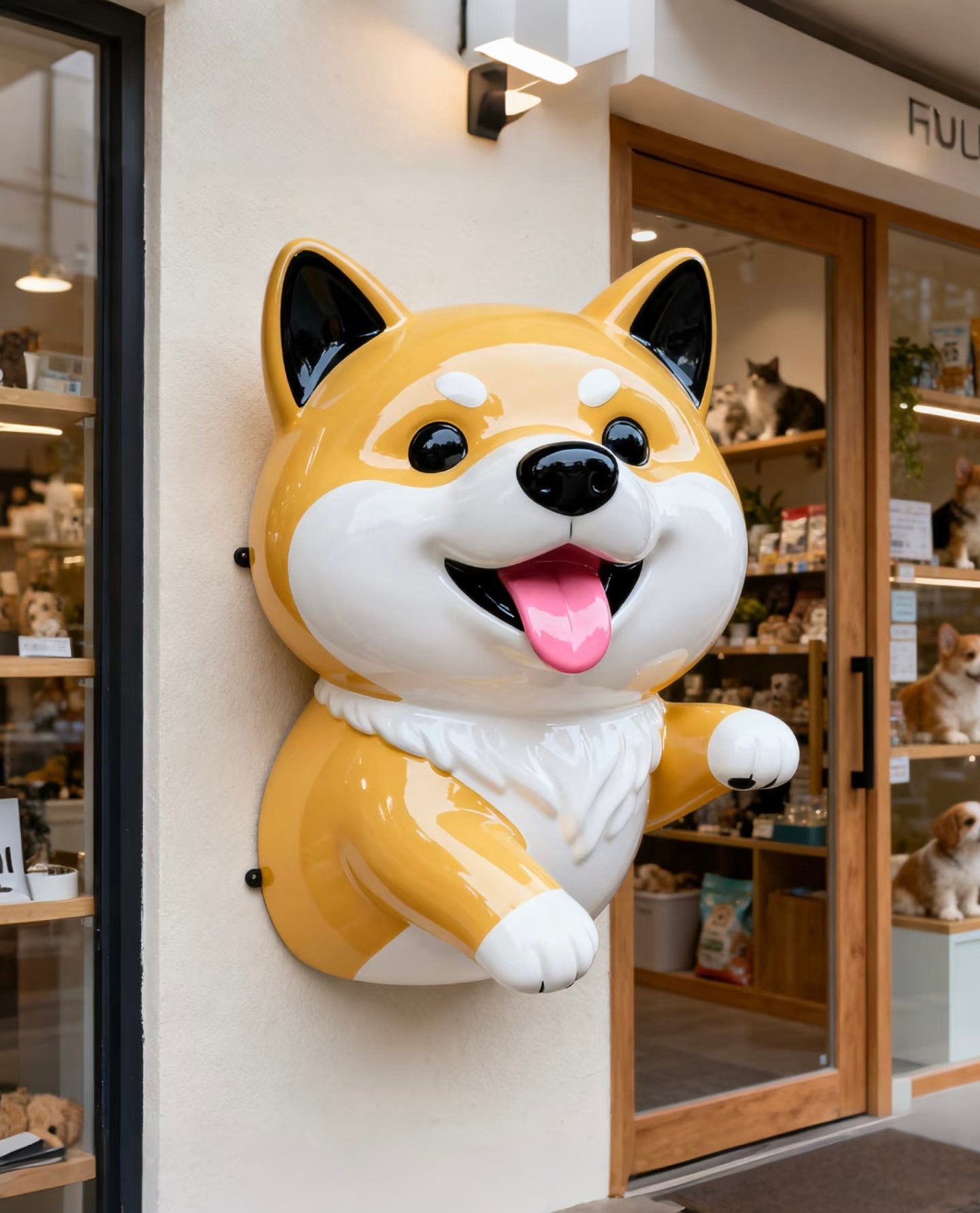 Concept visualization of a wall-mounted Shiba dog sculpture at a pet-business entrance.