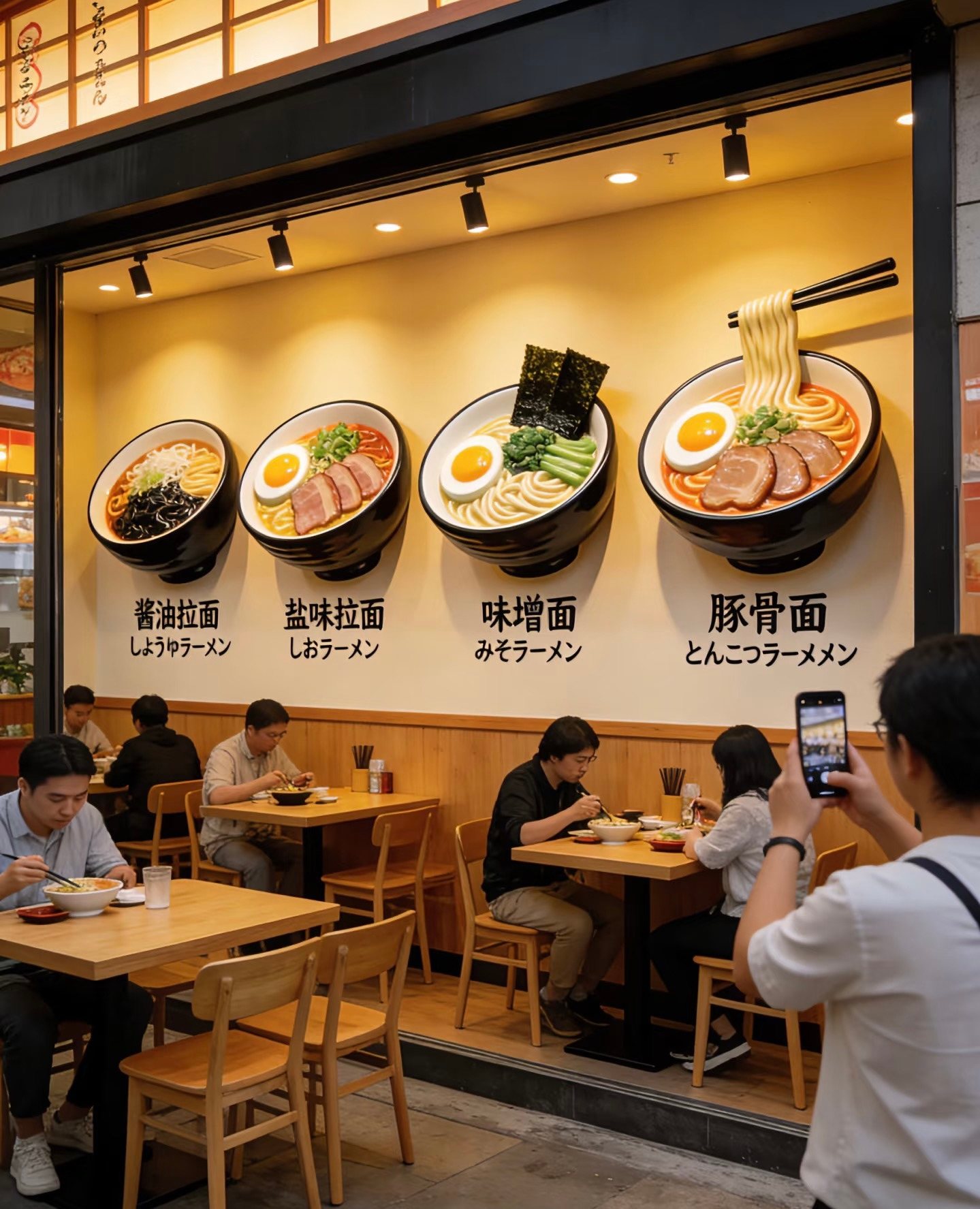 Completed dimensional ramen-bowl food sculptures displayed on a restaurant wall.