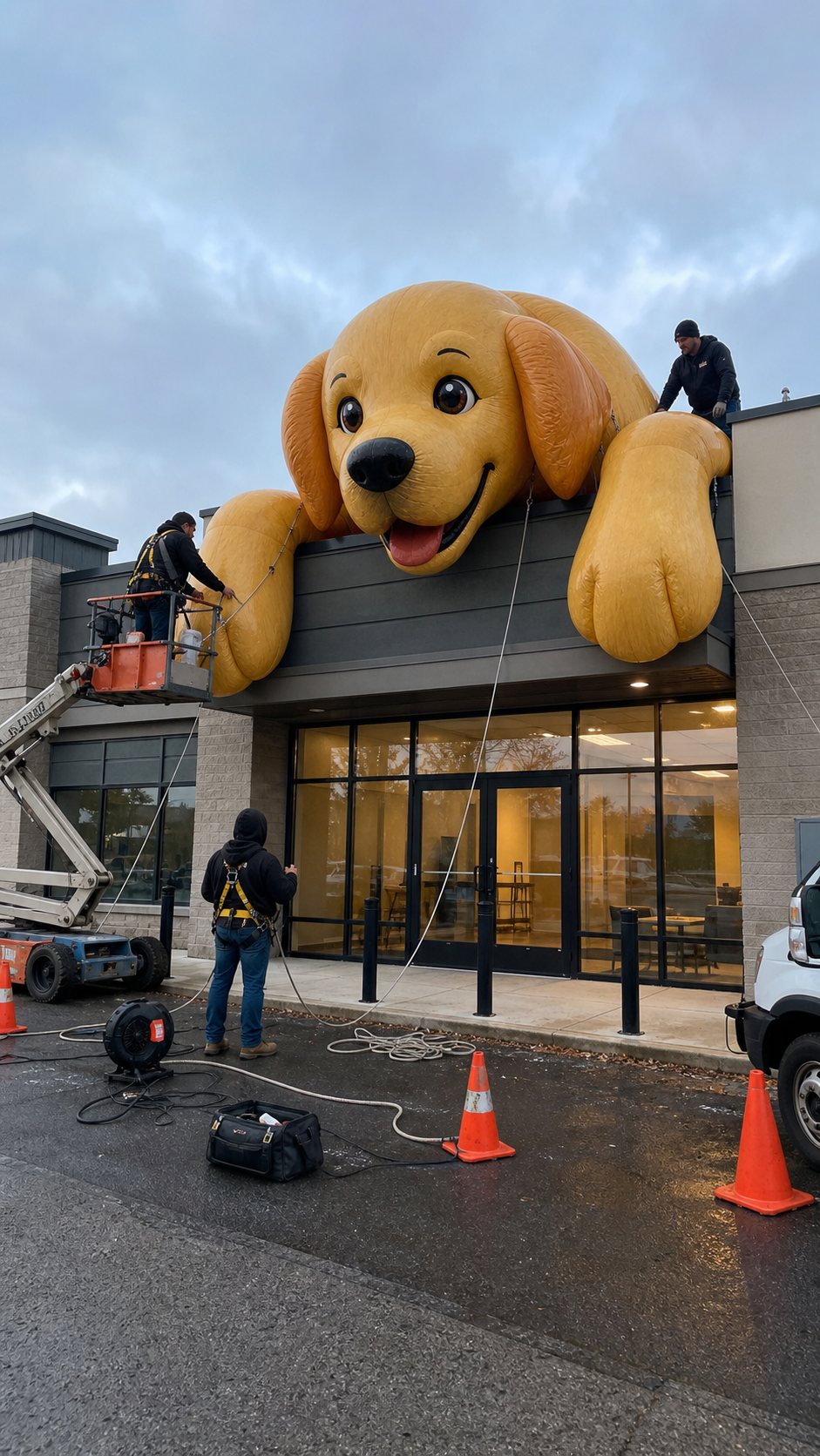 AI-generated daylight concept showing installation work for a giant golden dog storefront inflatable.